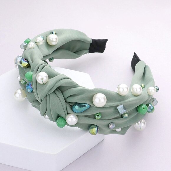 99. Jade Green Pearls and Beads Embellished Knot Headband - Picture 1 of 2